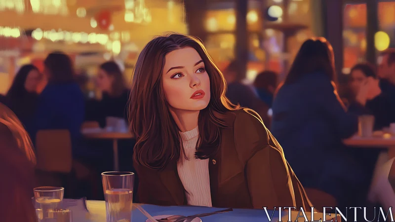 Woman seated in busy caf&eacute; interior, evening lighting.