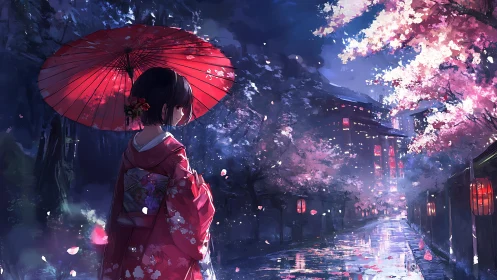 Girl in red kimono walks under sakura on rainy night