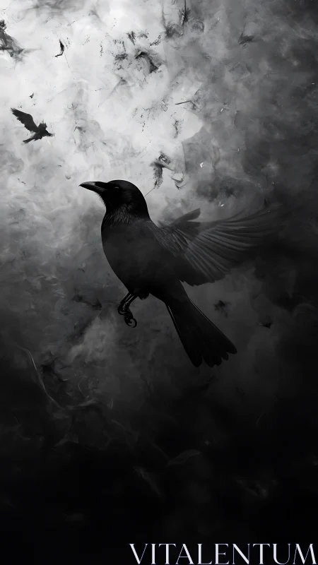 Black Raven Ascending Through Ethereal Mist Particles