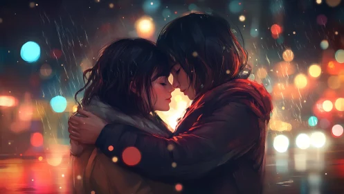 Romantic couple embraced in rainy cityscape with bokeh lights.