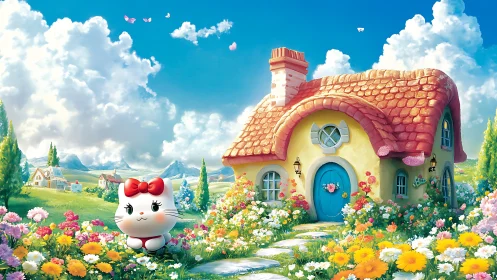 Whimsical cottage landscape with stylized cat in floral meadow