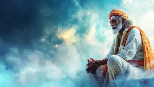 Elderly guru sits in luminous clouds under radiant sky