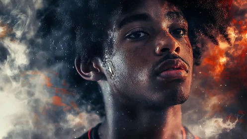 Fiery portrait celebrates strength in a storm of glowing smoke