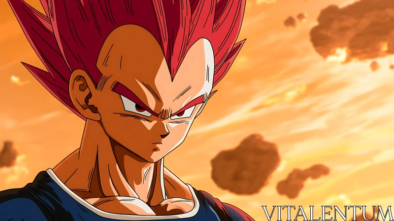 Red-haired anime warrior in close-up against fiery sky