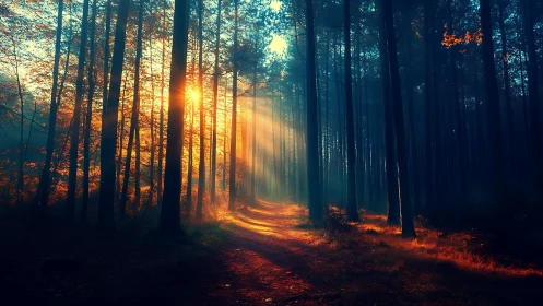 Sunlit forest path with golden hour illumination through tall trees.