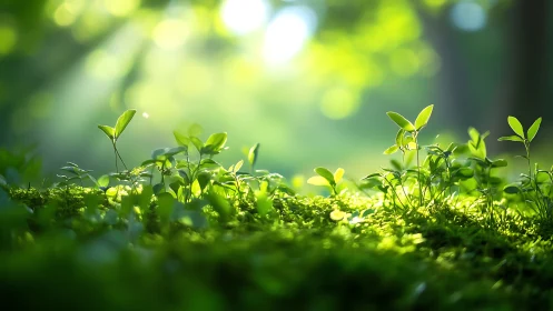 Fresh Green Seedlings in Morning Forest Light, Nature Photography.