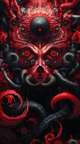 Grotesque red demon face emerges from writhing tentacles