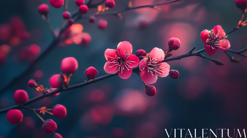 Luminescent Plum Blossoms with Spherical Buds Against Teal Gradient.