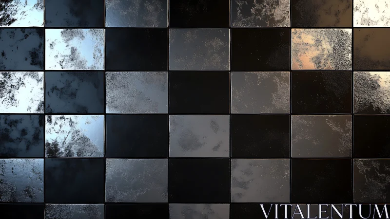 Reflective black metallic tiles in a grid wall pattern.
