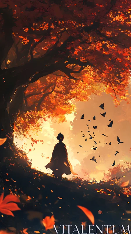 Quiet autumn wanderer beneath a sky of rising birds.