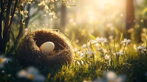Easter egg resting in a straw nest among spring flowers.