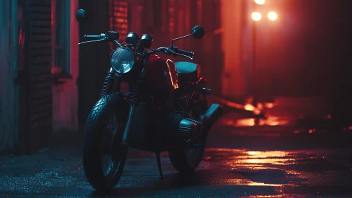 Midnight motorcycle waiting quietly under neon glow.