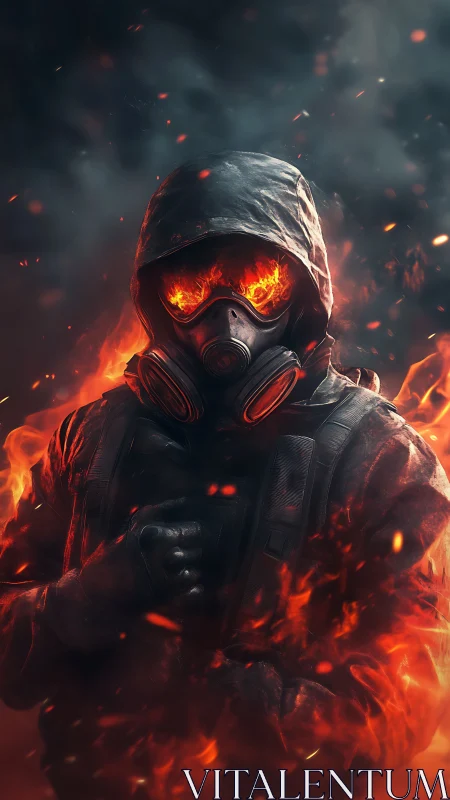 Hooded fire warrior stands amid swirling embers and smoke