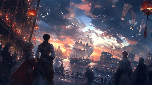 Grand sunset departure of a luminous fantasy harbor fleet