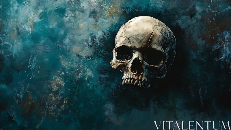 Weathered human skull over dark teal abstract field.