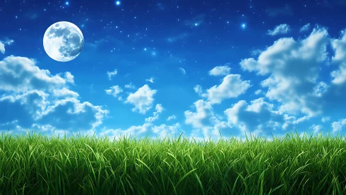 Lunar-illuminated grassland under high-saturation nocturnal sky.