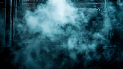Dense industrial steam obscures dimly lit metal machinery surfaces