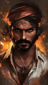 Fiery warrior portrait with intense gaze and embers.