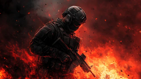 Armored soldier stands with rifle in dense red firestorm