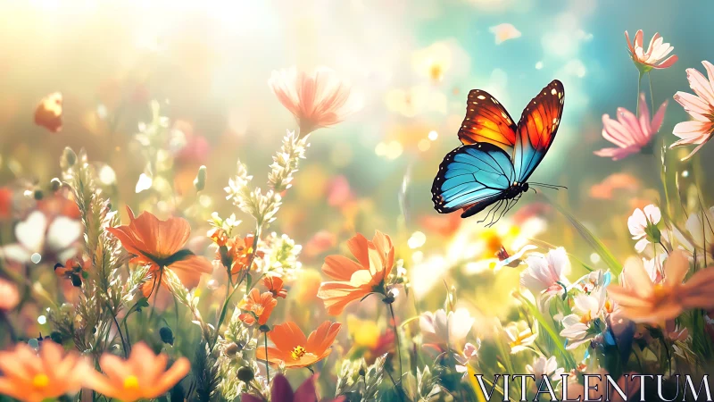 Vibrant blue butterfly above luminous spring wildflower meadow.