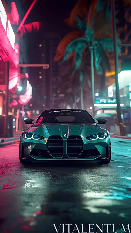 Emerald sports coupe under neon city lights at night street.