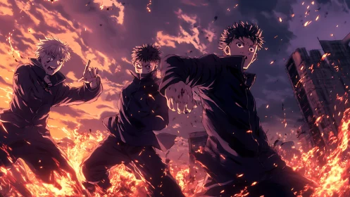 Dynamic anime trio amid urban inferno with dramatic perspective.