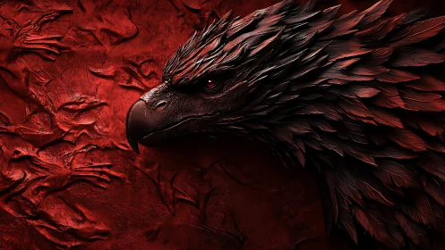 Crimson sculpted eagle head with textured feather detail.