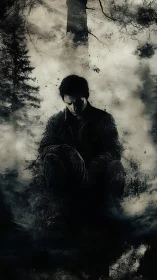 Moody digital painting of solitary figure in abstract forest haze.