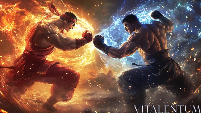 Elemental martial duel with opposed thermodynamic auras.