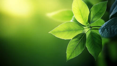 Sunlit green leaves drifting in a calm, glowing forest hush.