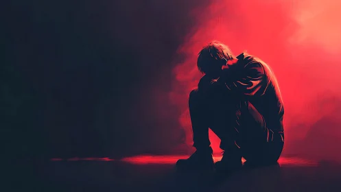 Solitary figure in red backlight, crouched in reflective silence