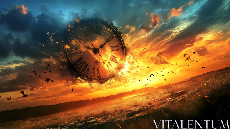 Sunset sky shatters, spilling a burning clock across time