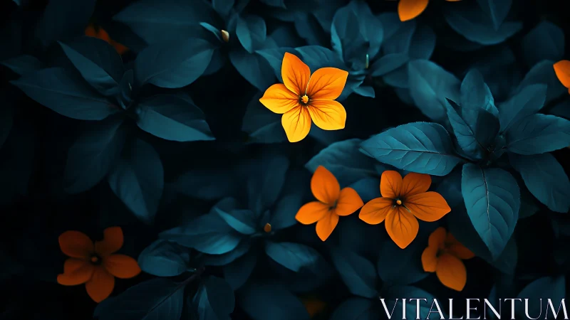 Clustered flowers with teal foliage under dark illumination.