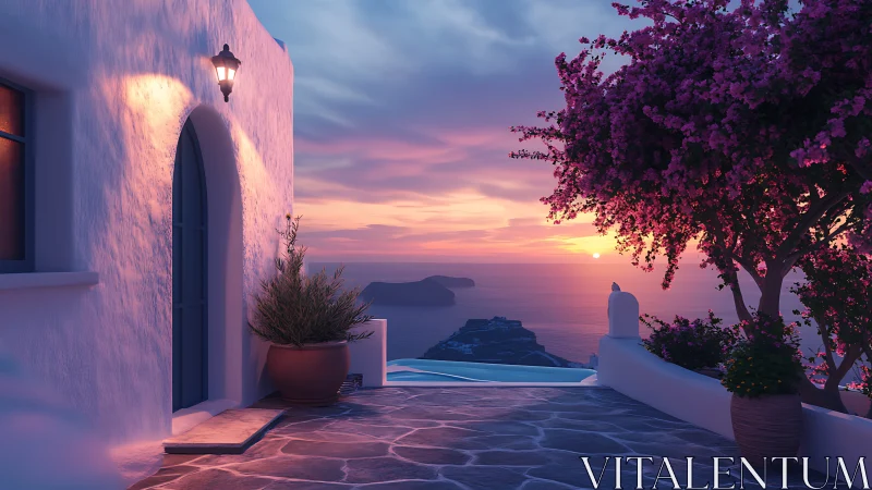 Sunset terrace over tranquil sea and blooming pink tree.