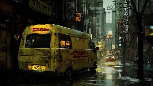 Rain-soaked courier van in neon-lit alley with cinematic depth