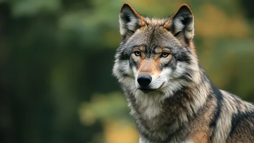 High resolution frontal portrait of grey wolf in soft bokeh forest
