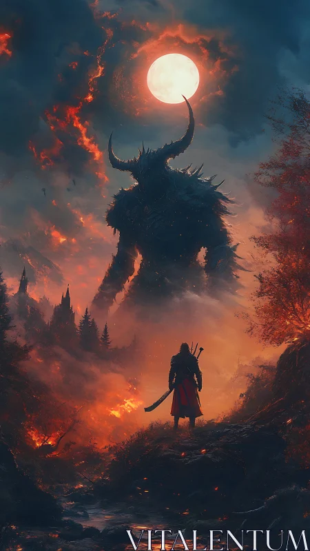 Warrior confronts towering horned demon under burning sky.