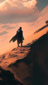 Cloaked wanderer surveying irradiated desert escarpment.