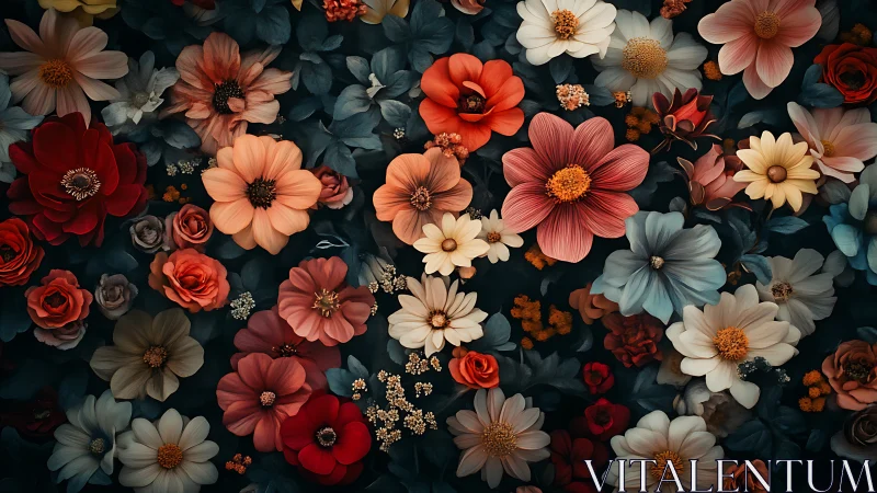 Floral Arrangement Against Dark Background: Layered Botanical Composition.