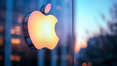 Illuminated glass apple logo sign mounted on reflective facade
