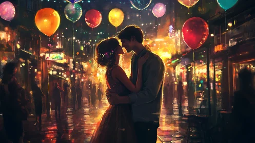 Glowing Romance Under Neon Balloons in the City.