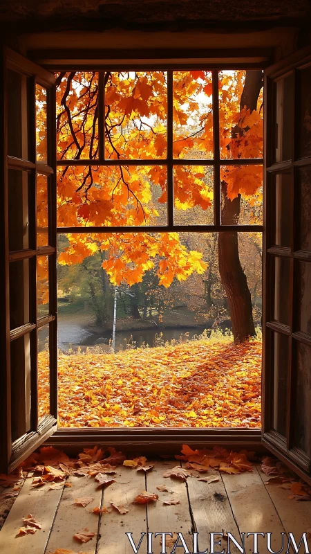 Open wooden window reveals a glowing golden autumn landscape