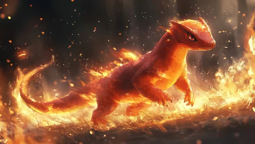 Fiery reptilian creature traversing blazing ground plane