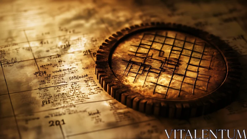 Circular engraved grid device rests on annotated schematic