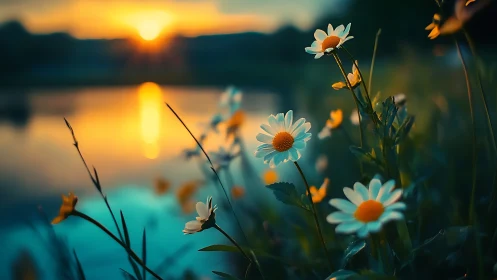 Daisies Drink Liquid Sunlight While Water Mirrors Evening's Golden Glow