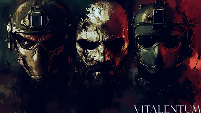 Triad of armored warriors in moody chiaroscuro portrait.