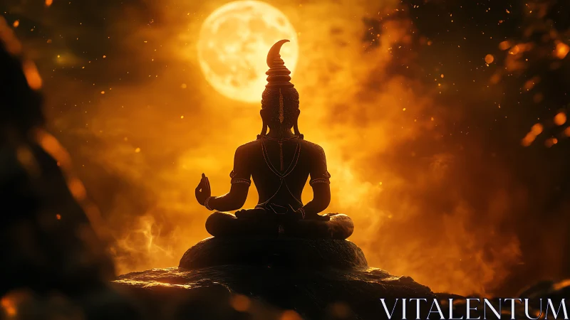 Meditating deity under a glowing moonlit ember sky.