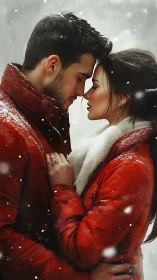 Winter Romance: Snowfall Embrace Between Two Figures in Red Outerwear.