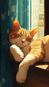 Orange tabby cat resting on windowsill with warm backlighting