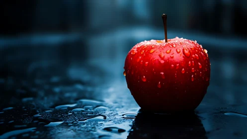Red apple glows under cool cinematic rim lighting.